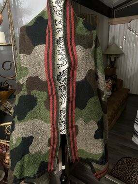 Camo Knit Open-Front Cape with Red Stripe Trim